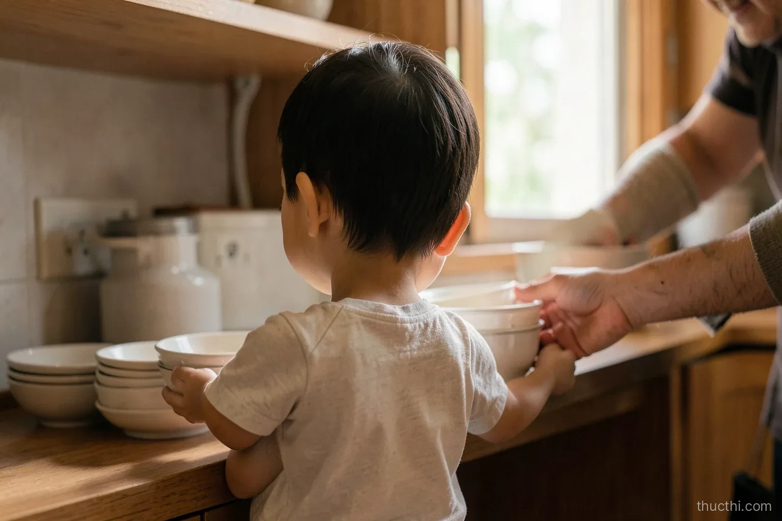 A Vietnamese child seen from behind carefully stacking clean bowls on a low kitchen shelf, a parent hand nearby guiding, natural window light, warm wooden tones