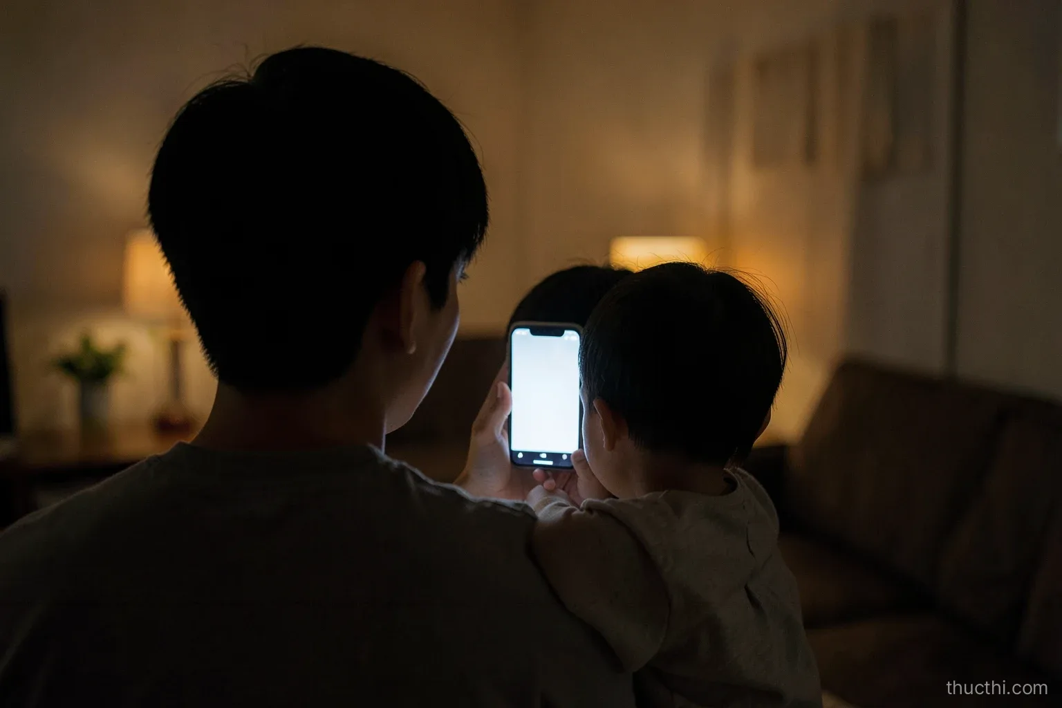 A Vietnamese parent seen from behind holding a phone for a video call in a quiet living room at night, a child leaning on their shoulder, screen glow blank, soft lamp light