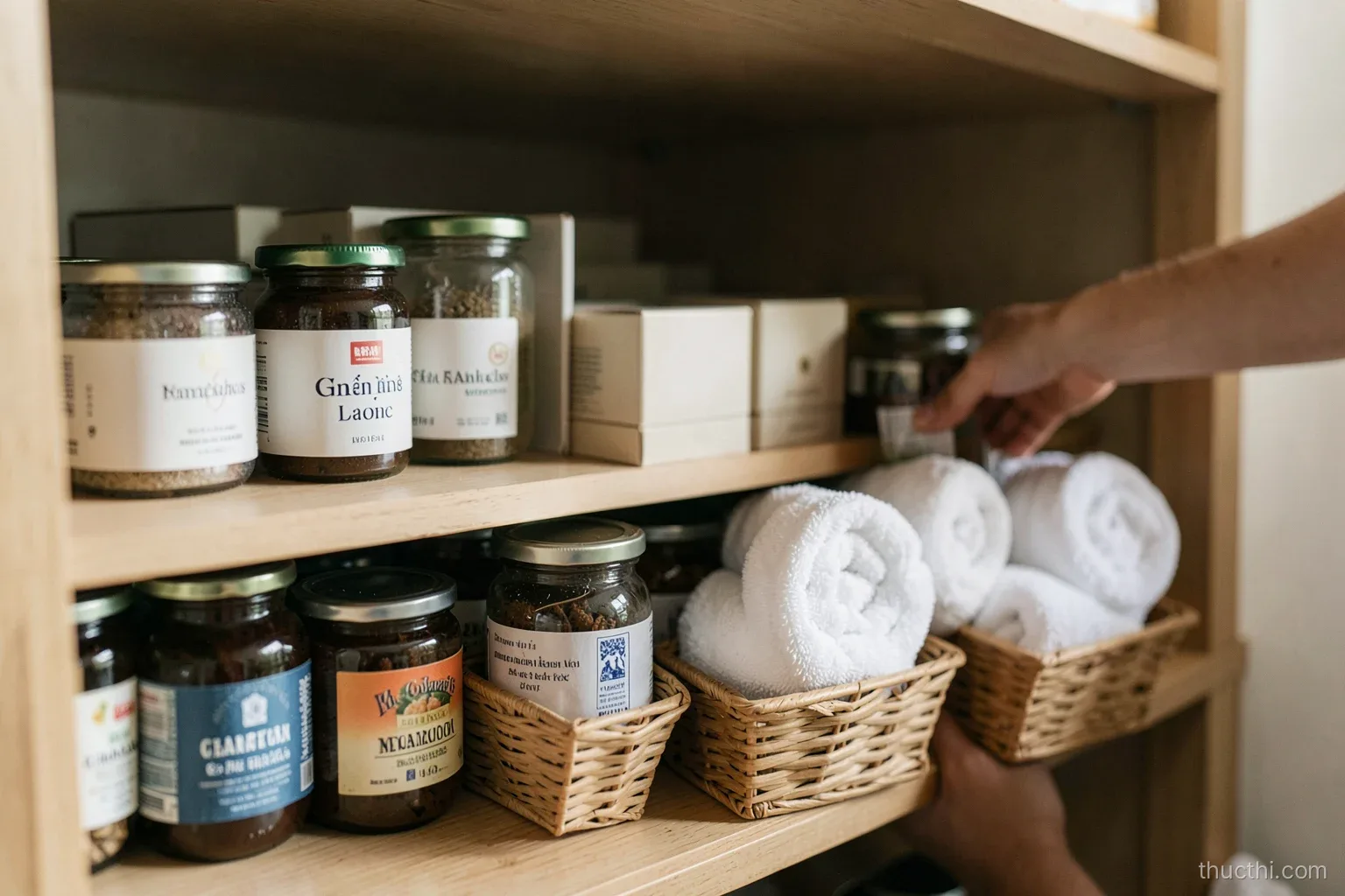 Tidy pantry shelf in a Vietnamese home with rows of unbranded jars, plain boxes and rolled towels in matching baskets, a hand placing a jar at the back, soft side light