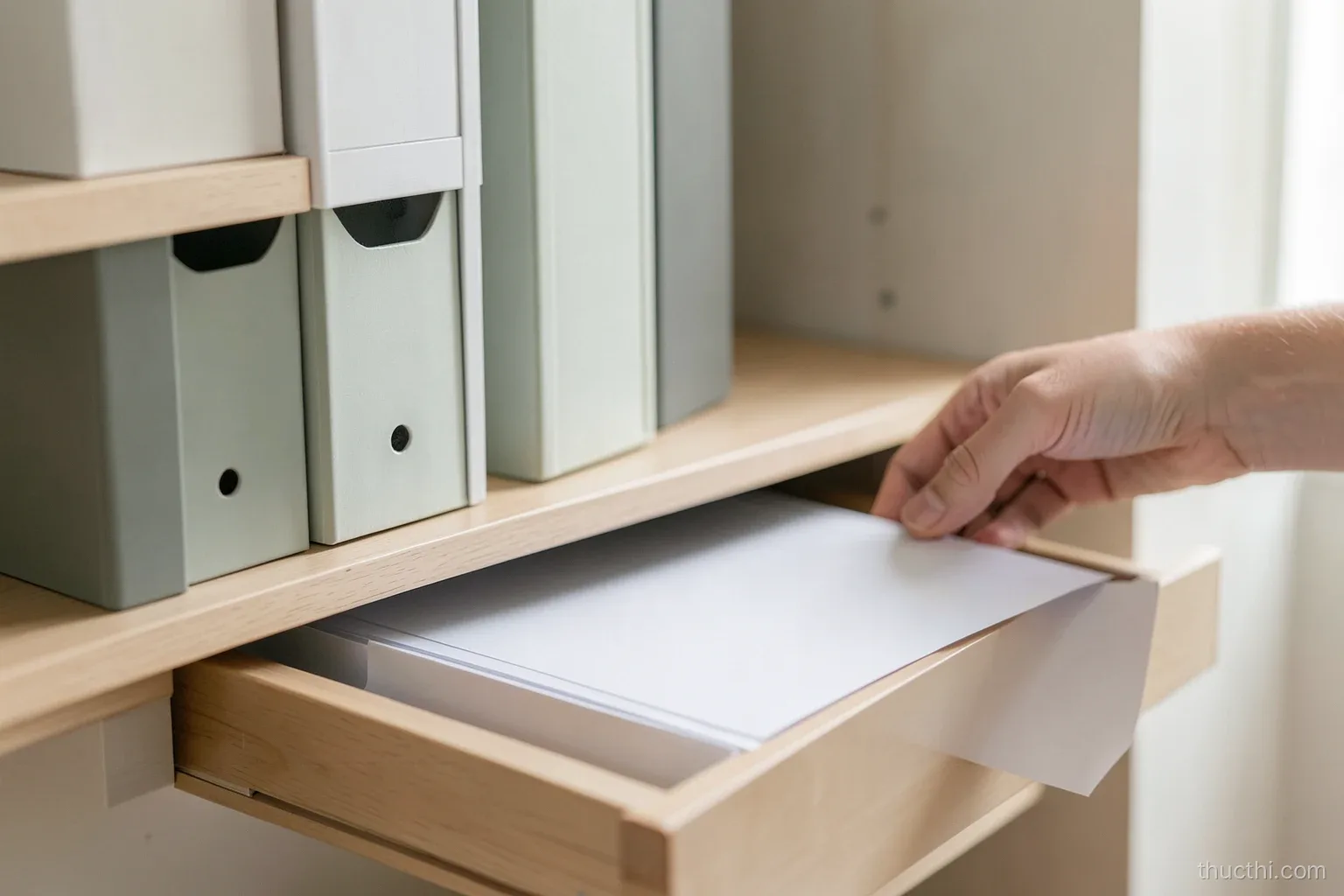 Neat shelf in a Vietnamese home office with plain colored box files and an open drawer of blank folders, a hand pulling one out, soft daylight, minimal clean composition
