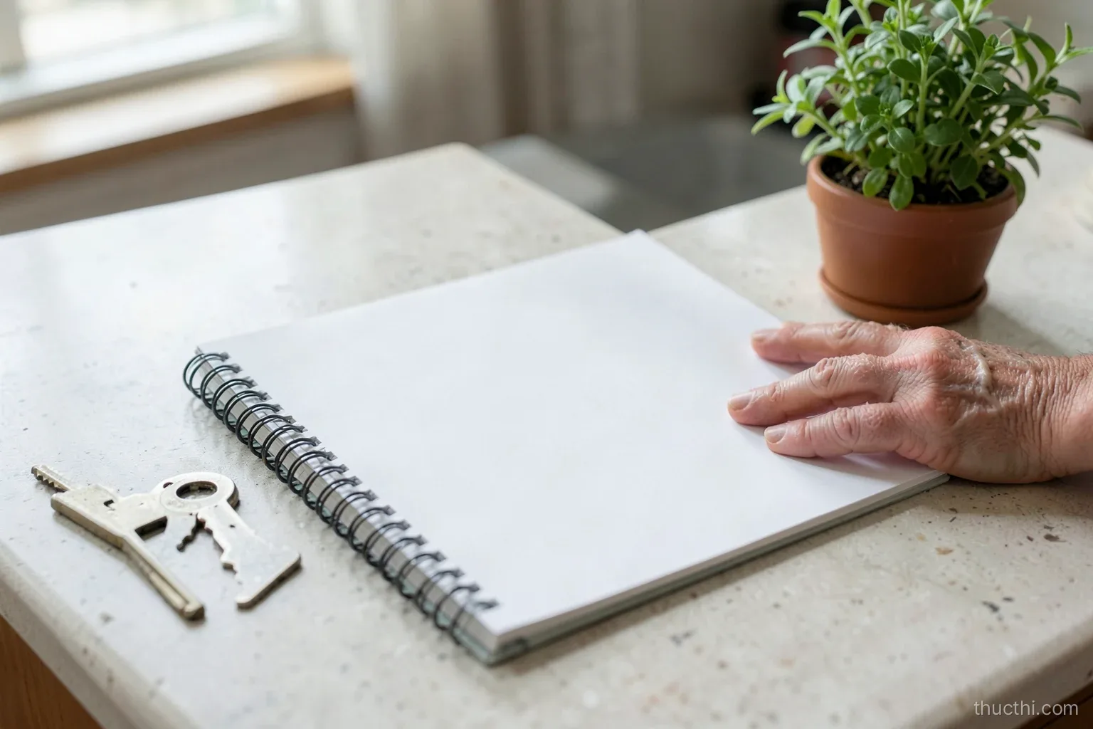 A plain spiral notebook lying open with blank pages on a kitchen counter beside house keys and a small potted herb, a grandmother hand resting on it, soft daylight